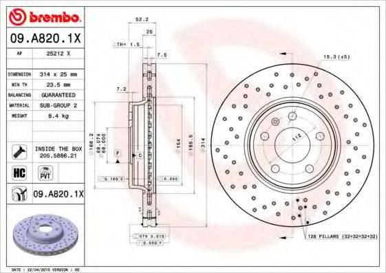 BREMBO 09A8201X гальмівний диск